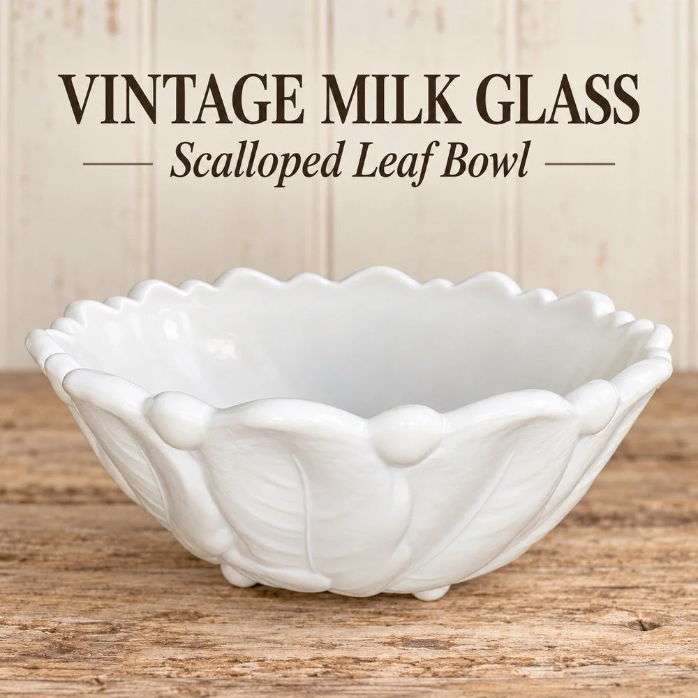 Vintage White Milk Glass Footed Bowl 9” Wild Rose Leaf Scalloped Cottage Decor